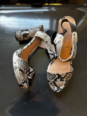 Franco Sarto Snake-Print Block Heel Sandals in Black and White